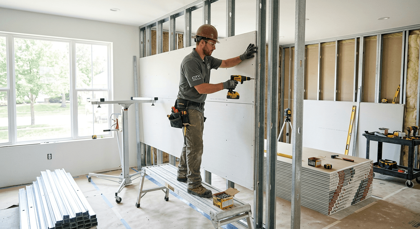 Montagem de placas de drywall sobre estrutura metálica